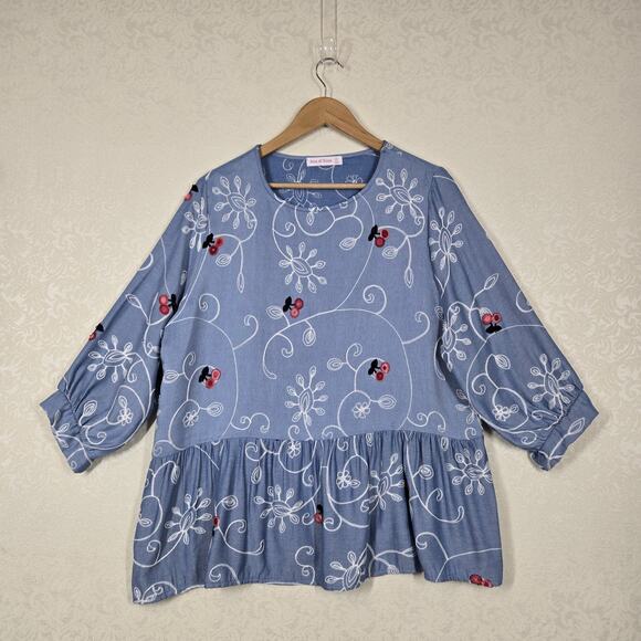 Ana & Rose Embroidered Peplum Blouse 2X Blue Cottagecore Boho Chambray Plus Size - Picture 13 of 13